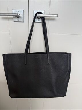 Auxiliary Black Leather Tote/Computer Bag with Long Shoulder Straps